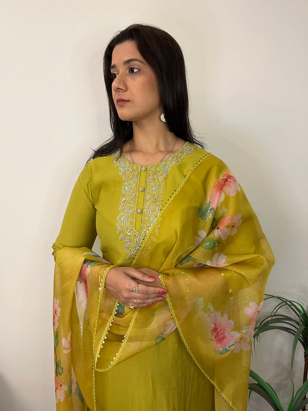 HEER LIME GREEN STRAIGHT SUIT WITH ORGANZA DUPATTA