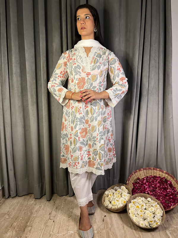 MASAKALLI WHITE LACE PRINTED A-LINE SUIT