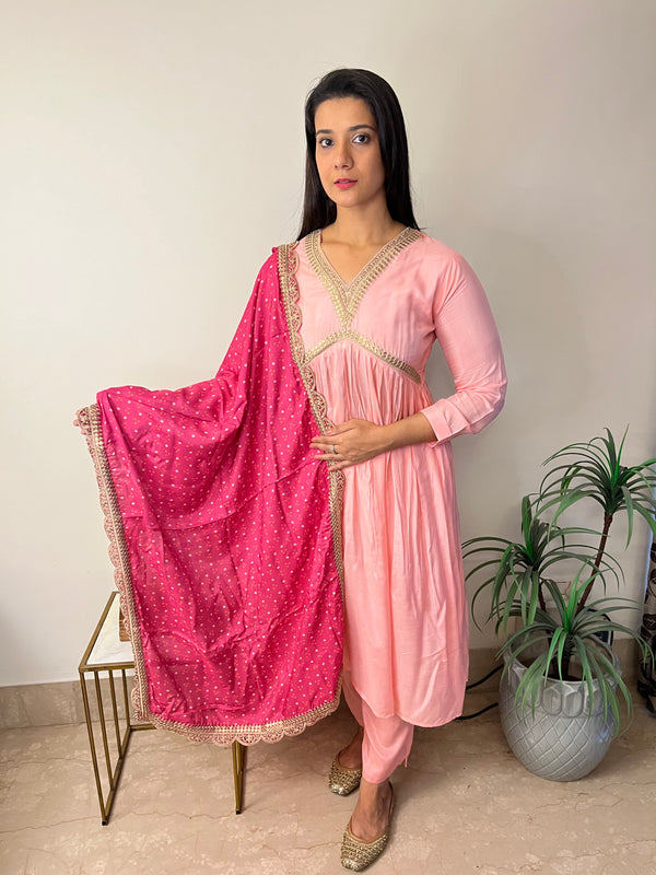 HEER PINK ALIA CUT SUIT WITH BANDHANI DUPATTA