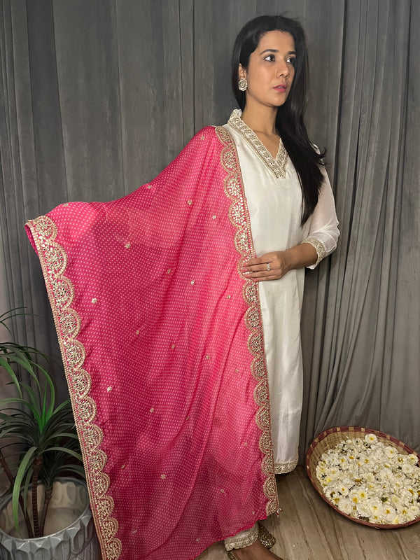 HEER WHITE STRAIGHT SUIT WITH LEHARIYA DUPATTA