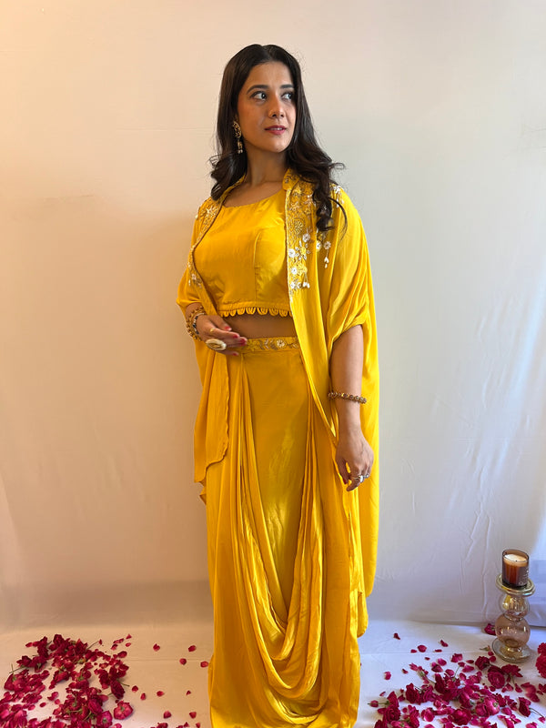 LUXE JASHN YELLOW DRAPE WITH SHRUG