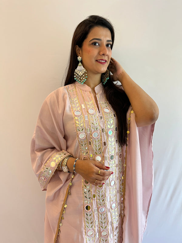 DUA BLUSH PINK MIRRORWORK KAFTAAN