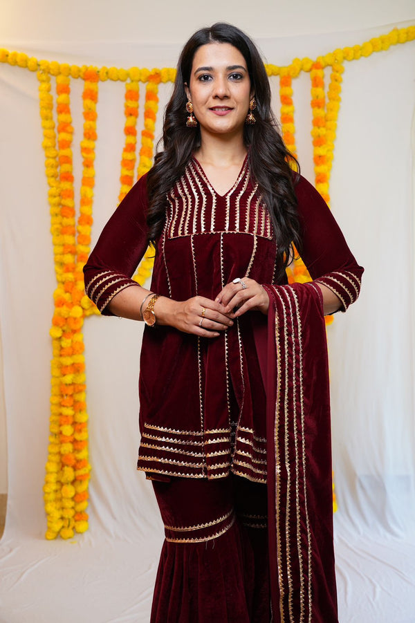 VELVET VOWS- MAROON GHARARA SET