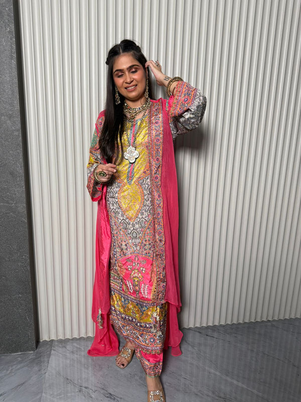 FLOOR LENGTH MULTICOLOUR SUIT WITH CAPE