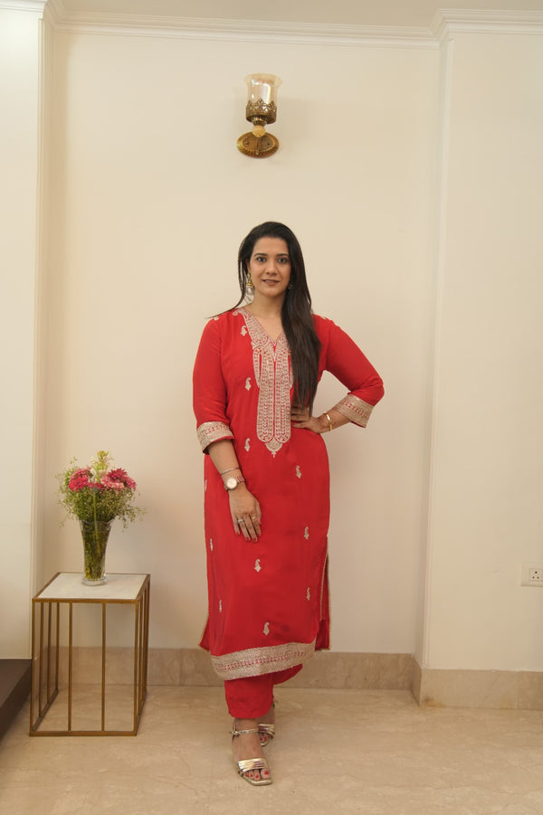 RED FULL LENGTH KURTA SET