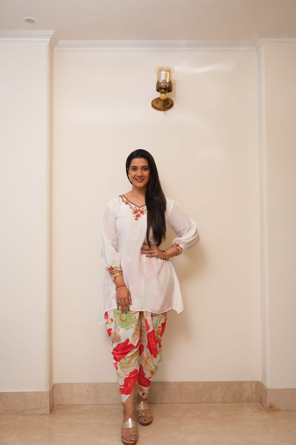 WHITE AND ORANGE DHOTI SET