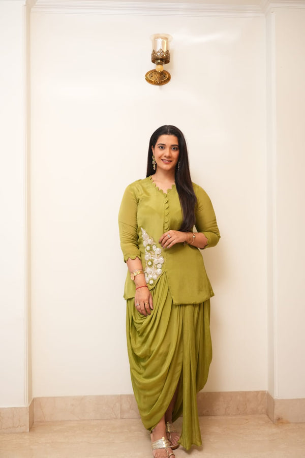 GREEN DRAPE SKIRT COORD SET